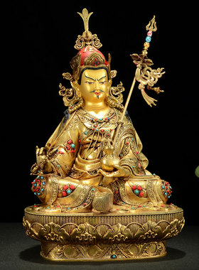 闯隆铜鎏金雕花莲花生大士摆件