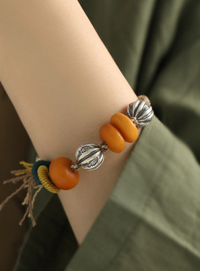 925银琥珀蜜蜡圆形编绳手链女镂空福字瓜珠气质复古百搭国风礼物