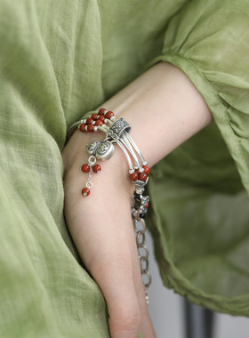 925银南红玛瑙圆珠手链女多层复古葫芦四叶草如意新中式手环饰品