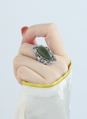 925银和田玉蛋面莲蓬荷叶戒指女复古小众设计精致国风新中式指环