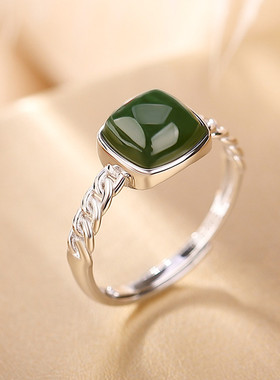 925银和田玉方圆戒指新款女气质高级感中式国潮小众新中式食指戒