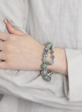 足银999翡翠A货珠珠貔貅手链女复古国风新中式时尚百搭手环饰品