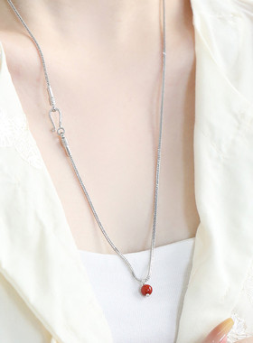 925银南红玛瑙旋转钩子四方龙骨肖邦链项链女简约百搭链子饰品