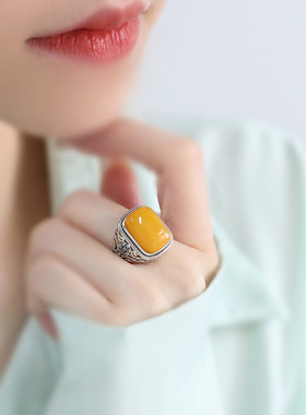 925银方糖琥珀蜜蜡花纹戒指女民族风指环高级感装饰小众设计尾戒