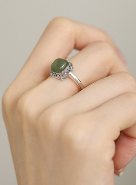 925银和田玉方形戒指女2025年可调节指环国风新中式复古百搭戒指