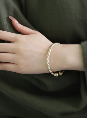 999足银描金扭麻莲花国潮风手镯女纯银手镯女高级感小众实心镯子