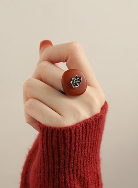 925纯银莲花柿饼琥珀蜜蜡戒指女2025年可调节指环国风新中式礼物