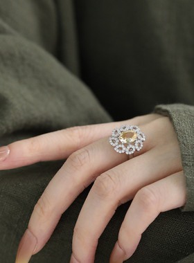 925银黄水晶花朵戒指女2025指环高级感小众设计夸张戒指女