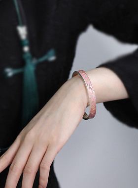 999足银吉言手镯女国风新中式珐琅女实心复古镯子手环小众设计