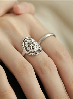 S925银浮雕花蕾丝戒指女宫廷复古