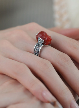 925银红玛瑙貔貅钱币祥云方形复古做旧戒指女百搭民族风指环饰品