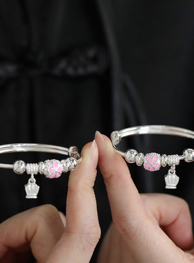 足银999花朵宝宝手镯女2025年轻奢民族风新中式实心镯子手环童镯