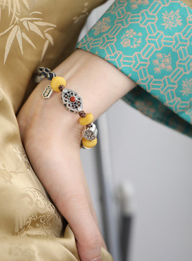 足银复古葫芦花朵凤眼琥珀蜜蜡圆片手环小众设计感新中式手环饰品