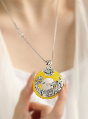 925纯银黄玉髓长命锁吊坠项链锁骨链轻奢小众民族风配饰百搭饰品