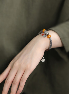 吉祥925银复古琥珀蜜蜡大象手链女轻奢国风新中式小众设计高级感