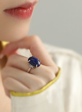 925银蛋面青金石戒指女2025年可调节指环国风新中式百搭饰品