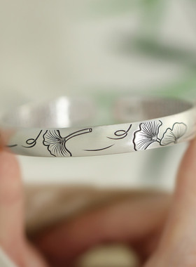 999实心足银银杏叶印花纯银手镯女新款复古民族风银饰小众镯子