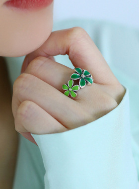 925银韩版小清新滴胶绿色小花朵