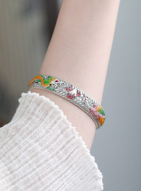 足银999珐琅龙凤开口手镯国风小众新中式民族风实心吉言镯子饰品