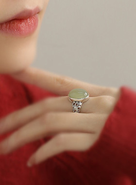 925银和田玉蛋面戒指女高级感轻奢可调节指环复古国风新中式饰品