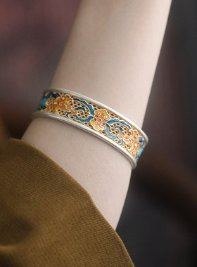 足银999珐琅描金龙纹开口手镯女国风新中式百搭实心镯子手环饰品