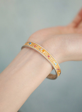 足银999描金新中式珐琅纹面大象开口手镯女小众高级感百搭实心