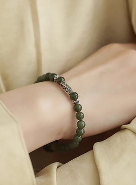 925银和田玉圆珠平安喜乐手链女轻奢国风新中式手环饰品礼盒小众