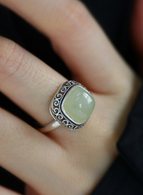 生日礼物几何方形925银戒指祥云