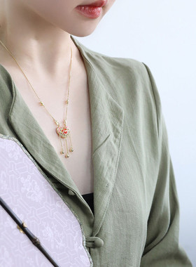 925银如意流苏项链女国潮风锁骨链女轻奢高级感链子金色毛衣链