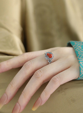 925银复古钱币南红玛瑙葫芦戒指女小众设计国风新中式指环