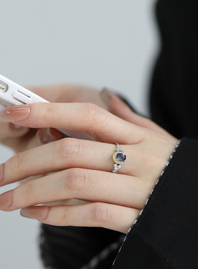 925银简约轻奢百搭蓝宝石戒指女复古精致气质食指戒生日礼物