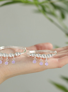 足银999花朵宝宝手镯女2025年百搭新中式民族风实心镯子手环童镯