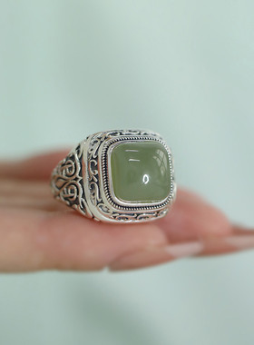 925银方形和田玉戒指2024年指环女食指高级感花纹新中式复古饰品