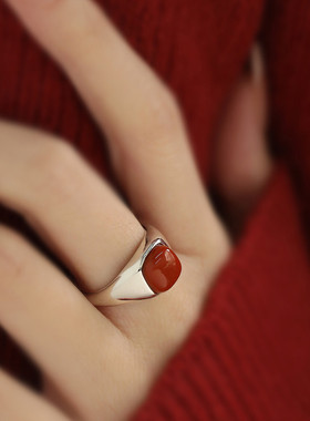 925银南红玛瑙方形戒指2025年可调节小众文艺指环国风新中式饰品