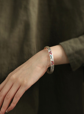 足银999珐琅花朵开口手镯2025民族风新中式文艺实心镯子手环礼物