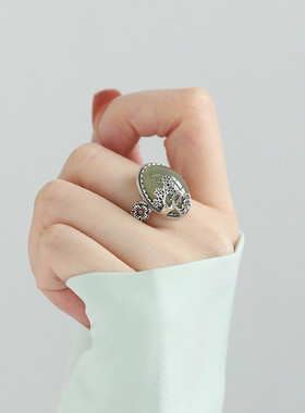 925银花朵和田玉蛋面戒指女国风新中式设计感指环小众设计饰品