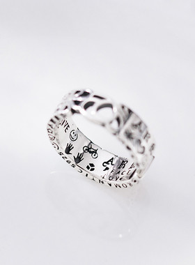 S925银痞帅嘻哈街头涂鸦中性潮酷饰品蓝色英文戒指女小众设计