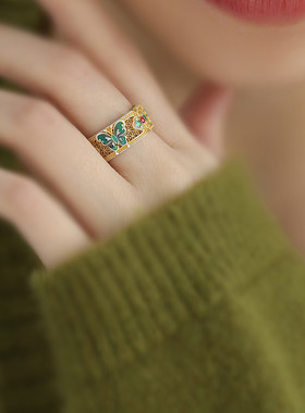 足银999珐琅蝴蝶如意开口戒指女轻奢小众指环国风新中式百搭饰品