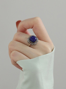 925银复古方形青金石戒指女小众设计感国风新中式可调节指环饰品