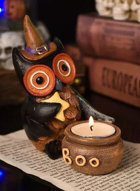 万圣节猫头鹰陶瓷烛台摆件