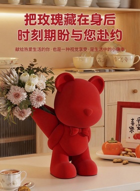 可爱红色小熊毛绒桌面摆件