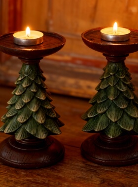 复古圣诞树造型木质烛台摆件