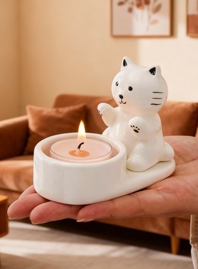 新中式陶瓷小猫香薰蜡烛台摆件