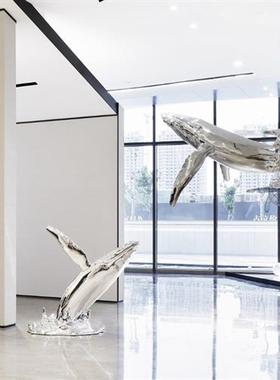 玻璃钢电镀鲸鱼落地大摆件海豚鲨鱼雕塑商场大堂酒店壁挂艺术装置