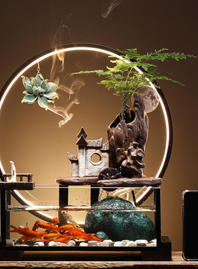 招财鱼缸玻璃中式风开业假山流水