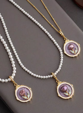 油画花朵吊坠珍珠项链女