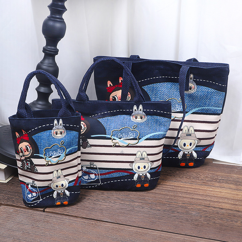 尚盈牛仔纹labubu斜纹防水手提袋大容量