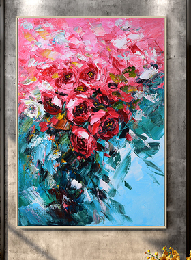 客厅玫瑰花玄关定制竖版手绘油画