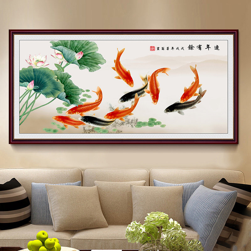 荷花九鱼图墙布自粘画沙发背景墙壁画年年有余客厅装饰画墙壁贴纸,淘宝优惠券,粉丝福利购,淘宝优惠卷