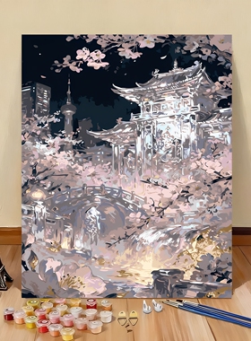 古风楼宇数字油画DIY治愈挂墙